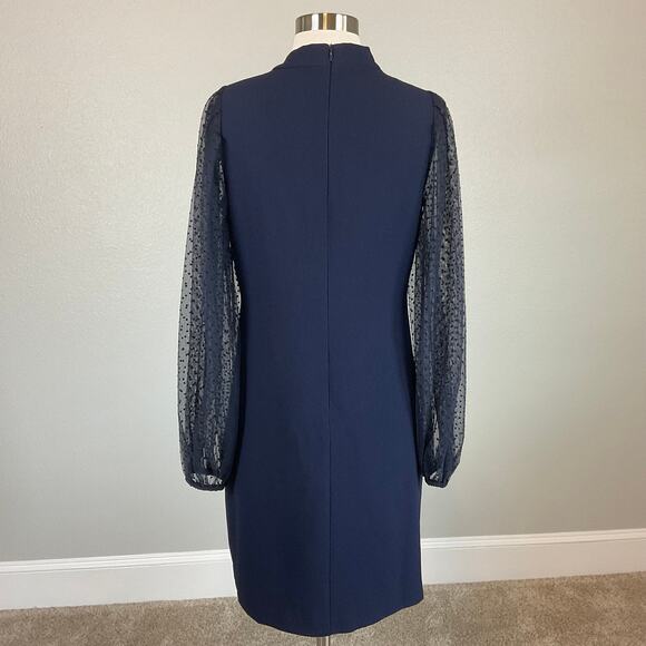 Vince Camuto Sheer Dot Long Sleeve Cocktail Dress Size 8 Blue Bow Halter Shift - Picture 6 of 13